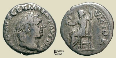 Silver Denarius (16mm 2.7g) struck A.D. 69 Rome  Obv: A VITELLIVS GERM IMP AVG TR P Laureate head right  Rev: IVPPITER VICTOR Jupiter seated left, holding Victory in right hand, scepter in left  RIC I 93. BMC-22, RSC 42   CNG Electronic Auction 151, lot 224, ex Richard Winokur collection