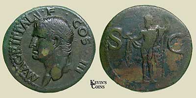 Copper AS 28mm, 12.88g Struck 37-41 A.D Rome  Obv:M AGRIPPA L F COS III Head left wearing Rostral crown  Rev: S C Neptune standing facing left SC at sides  RIC 58