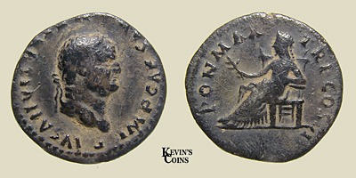 Silver Denarius (18.6mm 2.64g) Struck A.D. 75  Obv: IMP CAESAR VESPASIANVS AVG Laureate head right  Rev: PON MAX TR P COS VI Pax seated left, holding olive branch  RIC II 90 Sears 2301 RIC II (2nd Edition) 772